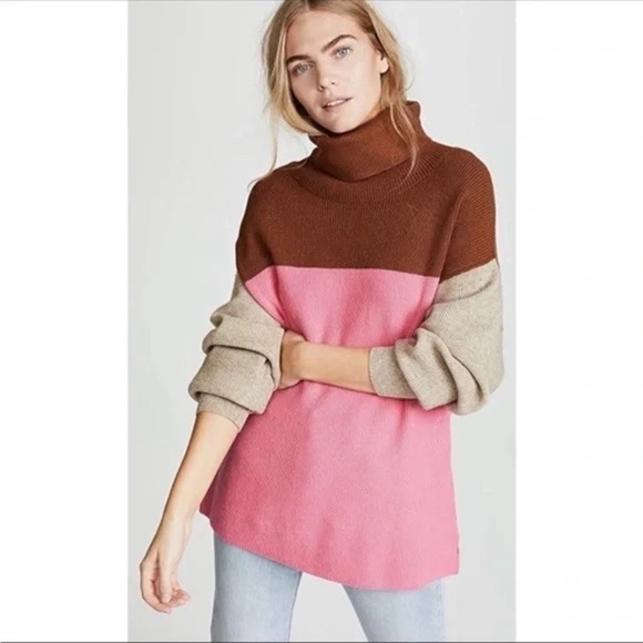 Free People | Colorblock Turtleneck Ribbed Sweater Size Large Oversized Boho - Picture 1 of 9